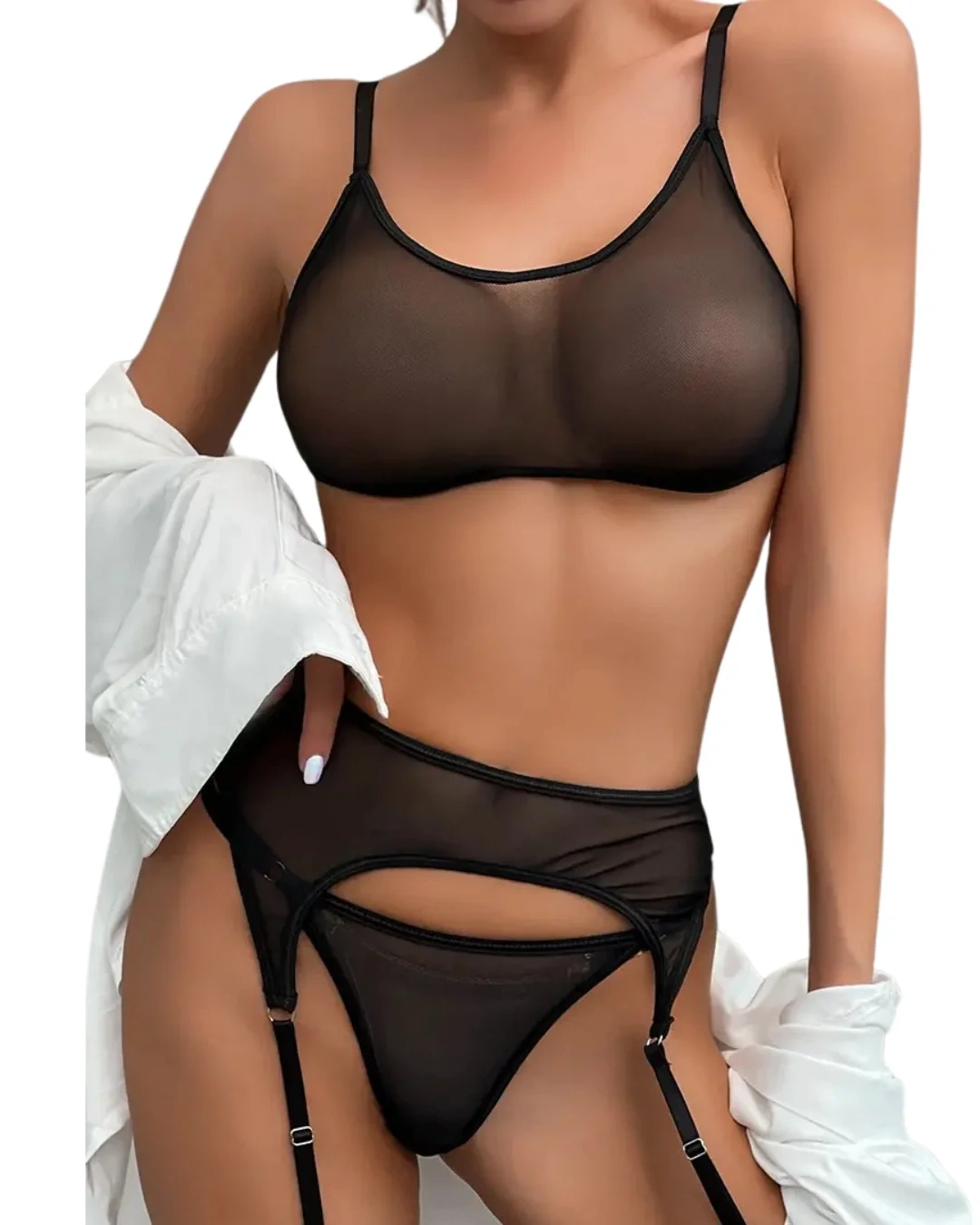 Lesca Fantezi Siyah Transparan Tül Jartiyer Takımı