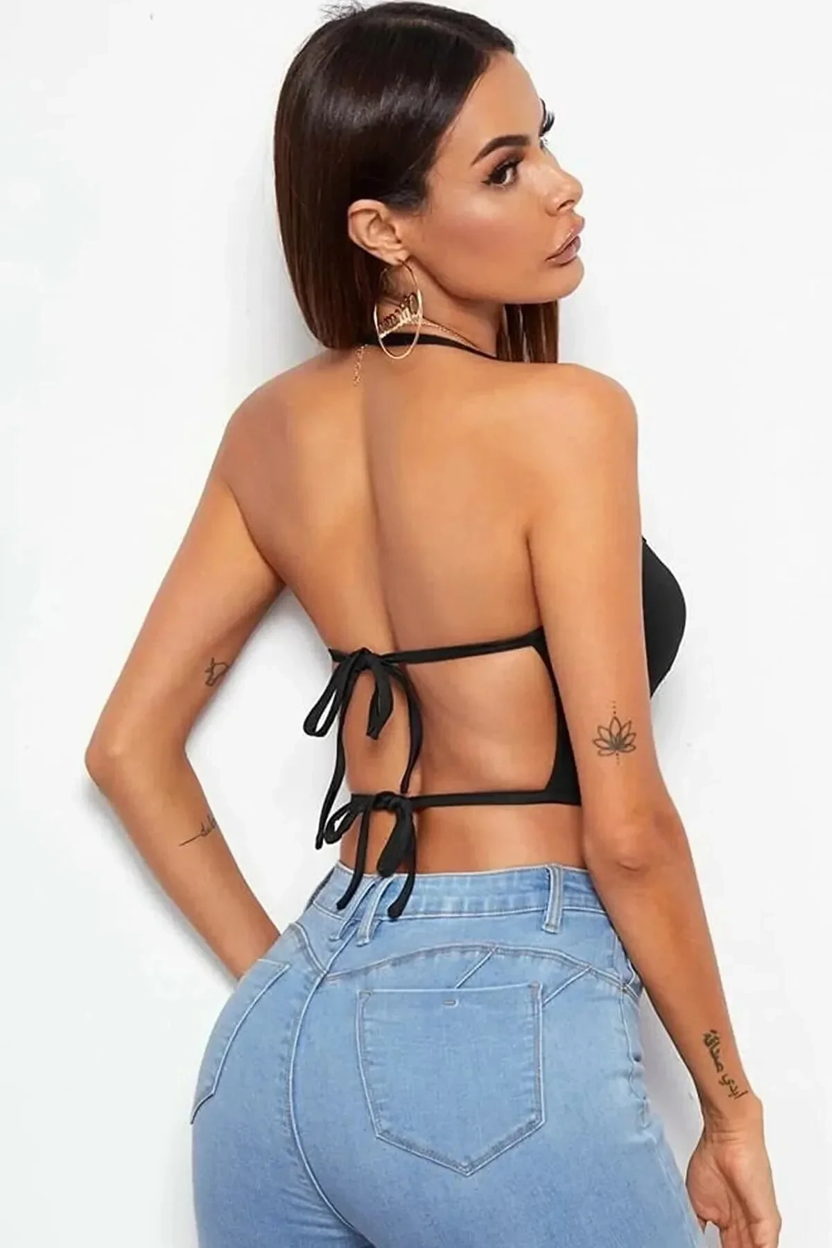 Lesca Kadın Sırtı Açık Siyah Belden Bağlamalı Crop Büstiyer