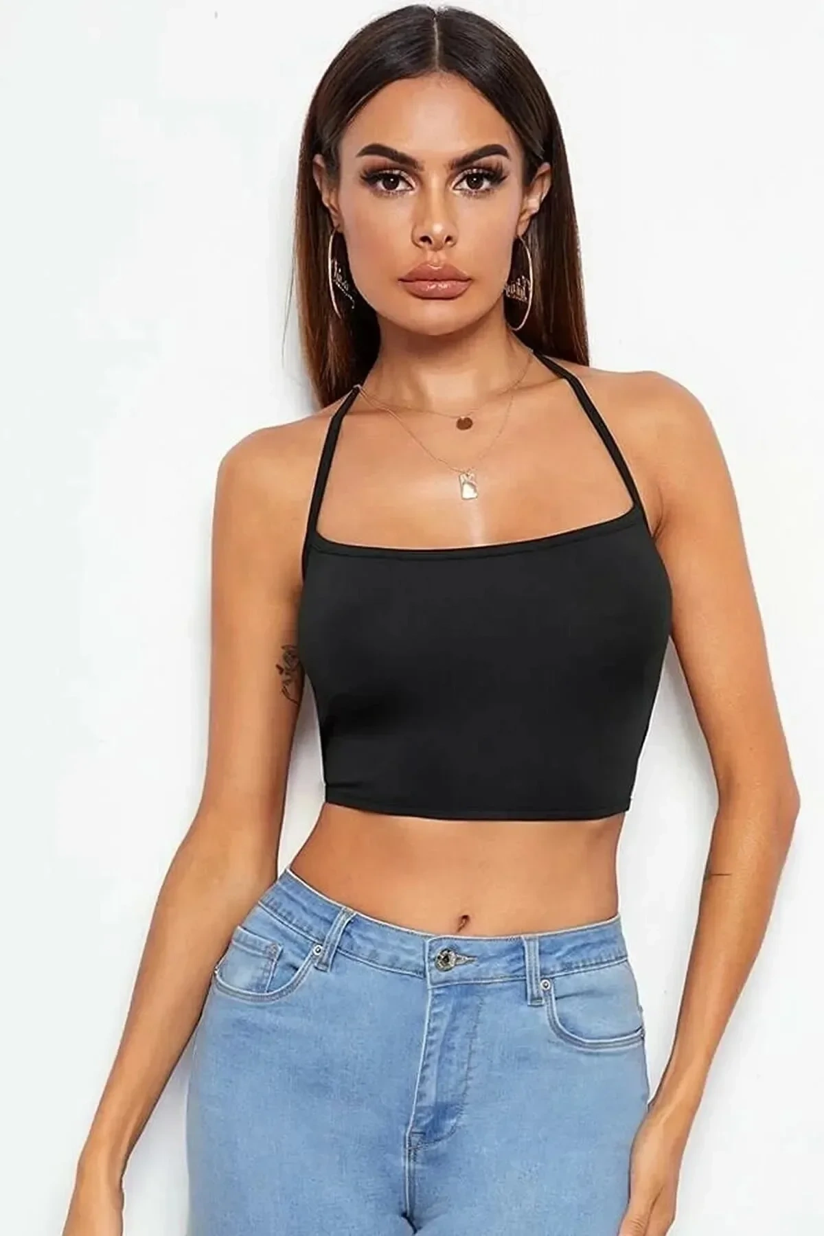 Lesca Kadın Sırtı Açık Siyah Belden Bağlamalı Crop Büstiyer