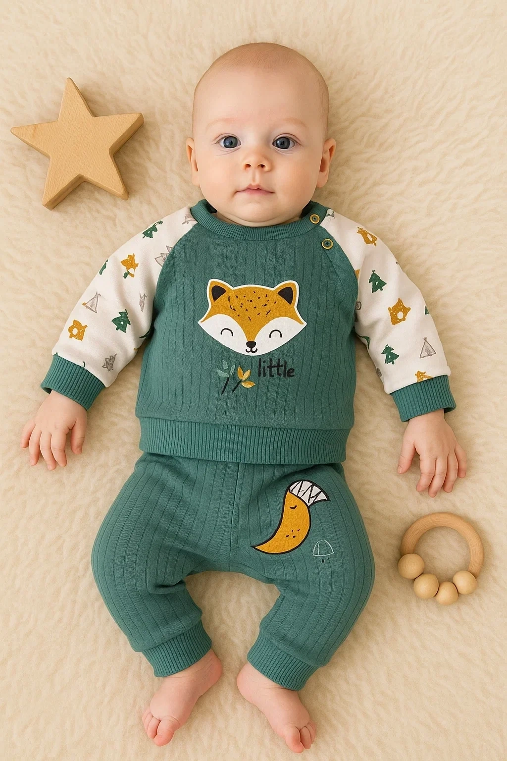 Littie Fox Nakışlı % 100 Pamuklu 2li Erkek Takım