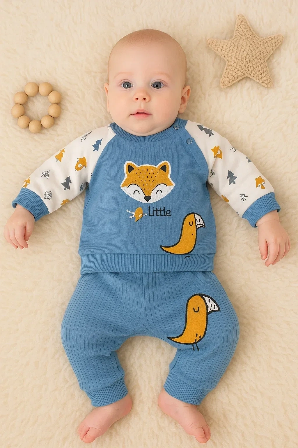 Littie Fox Nakışlı % 100 Pamuklu 2li Erkek Takım