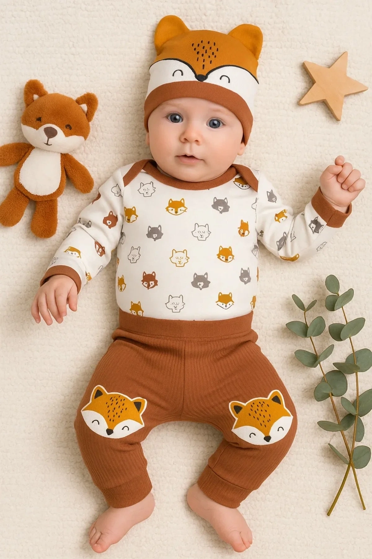 Little Fox Desenli 3lü % 100 Pamuklu Erkek Takım