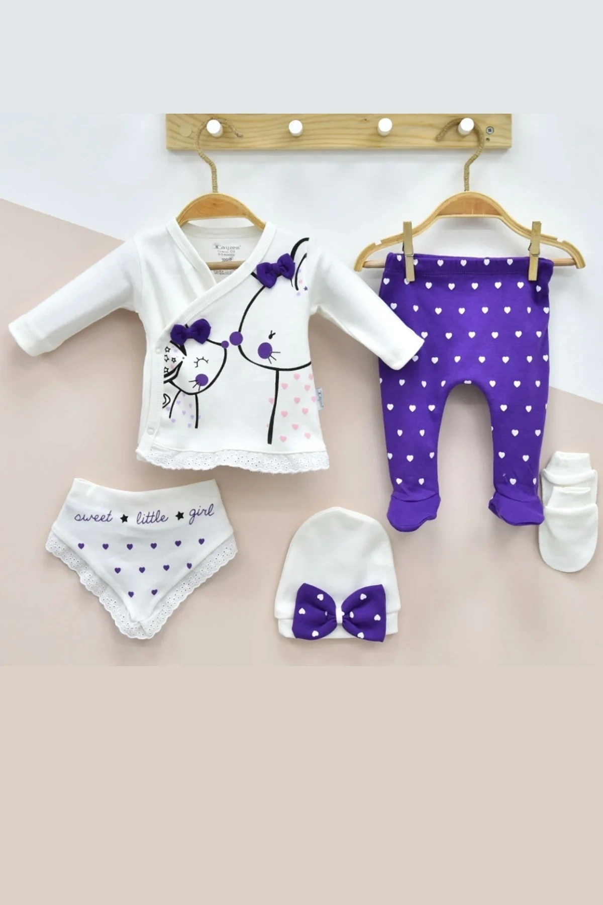 Little Mause Desenli % 100 Pamuk 5li Kız Bebek Hastane Çıkış Seti