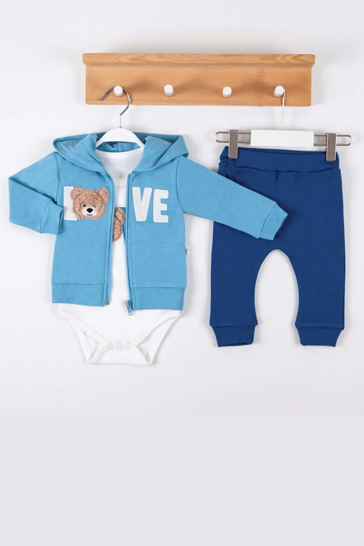 Love Bear Nakışlı % 100 Pamuk Hırkalı 3lü Erkek Takım