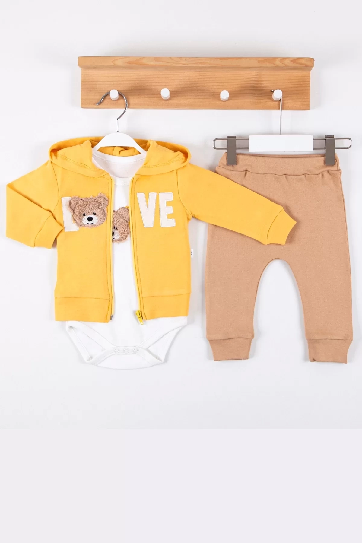 Love Bear Nakışlı % 100 Pamuk Hırkalı 3lü Erkek Takım