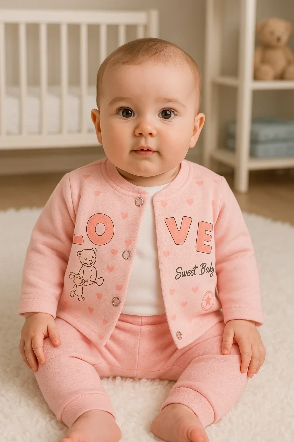 Love Tavşan Desenli Kol Detaylı 3lü Hırkalı Kız Bebek Takım