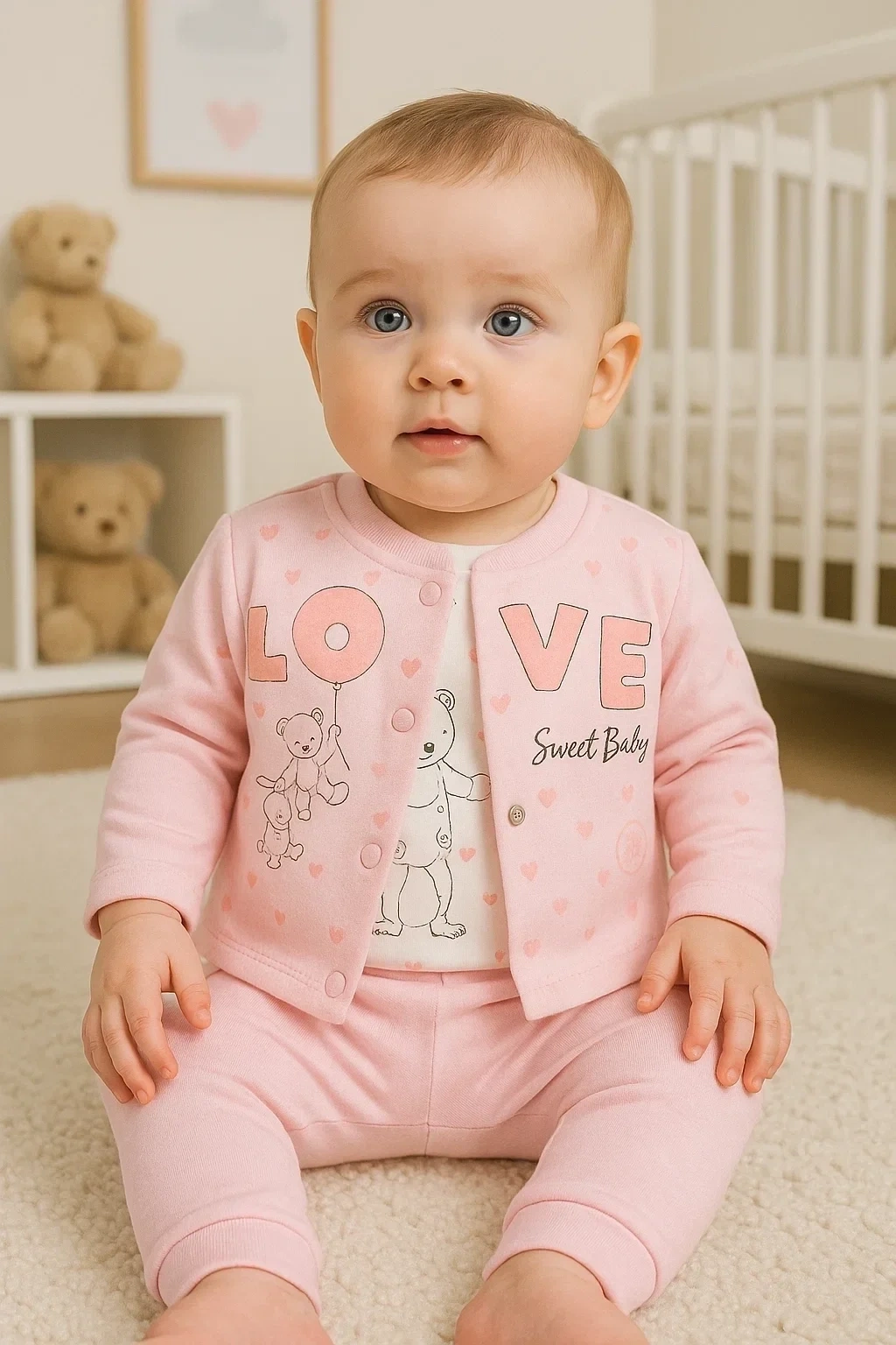 Love Tavşan Desenli Kol Detaylı 3lü Hırkalı Kız Bebek Takım