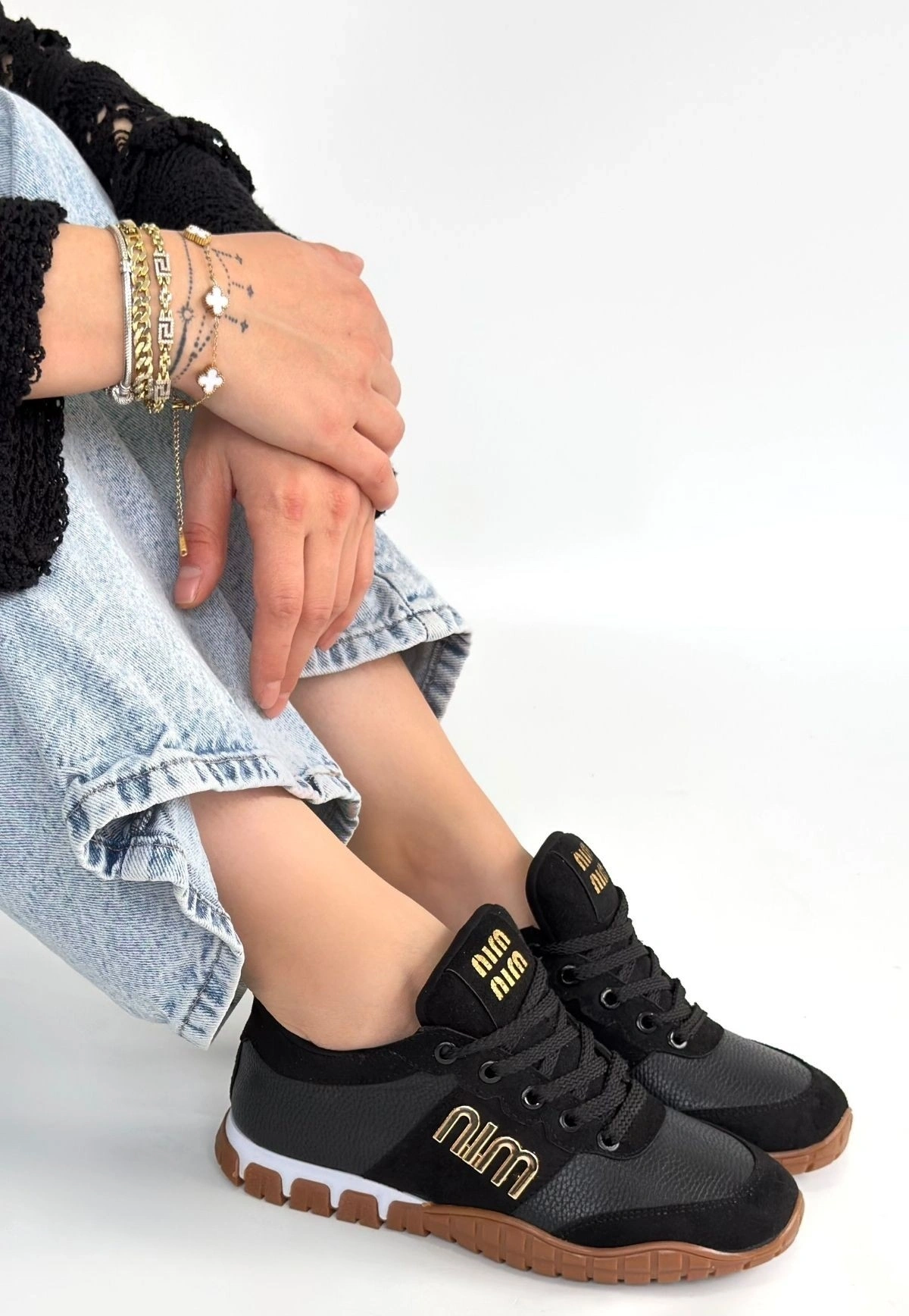 Marje Siyah Cilt Bağcıklı Spor Ayakkabı