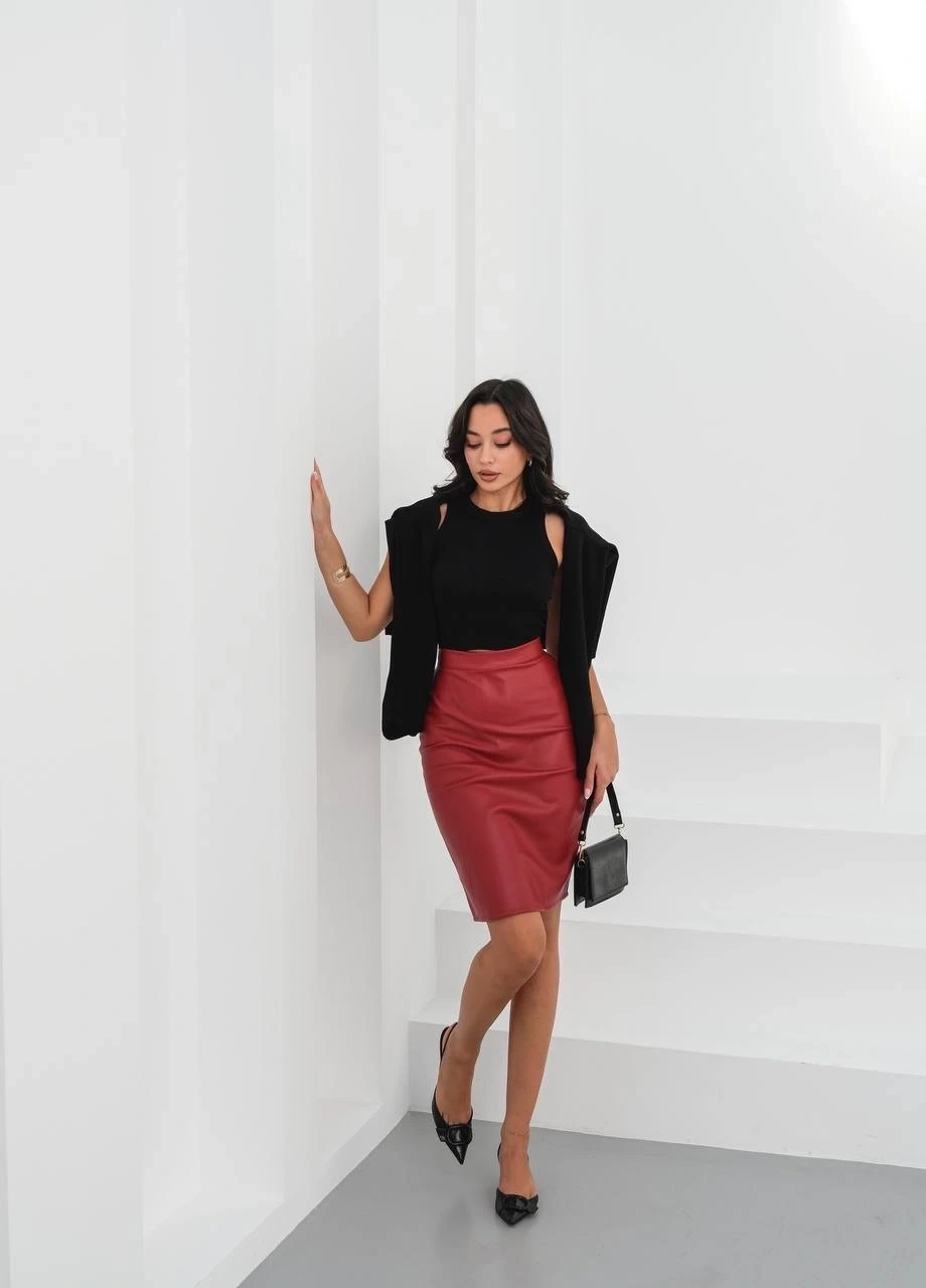 Midi boy deri kalem etek bordo h26780