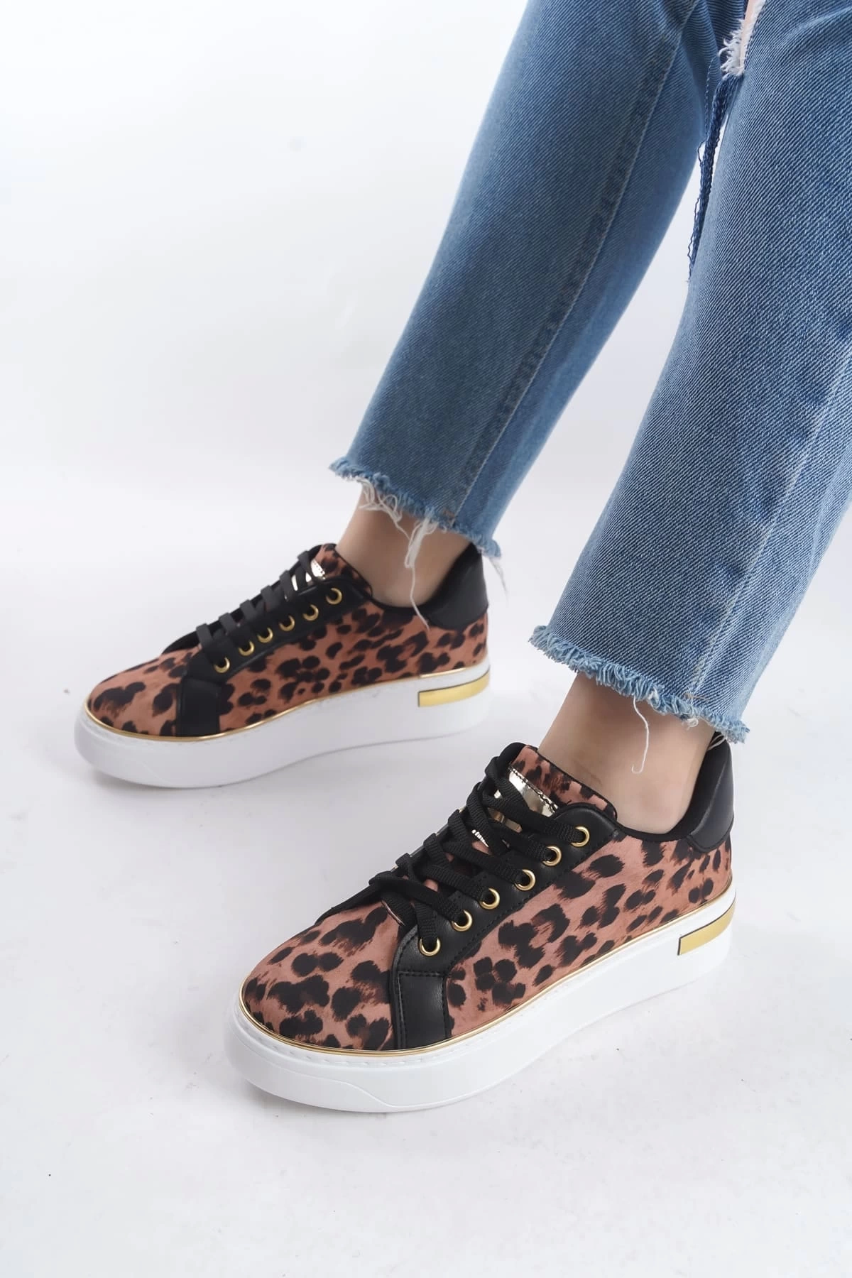 MINA Bağcıklı Ortopedik Taban Leopar Desenli Kadın Sneaker Spor Ayakkabı  BT - Kahverengi
