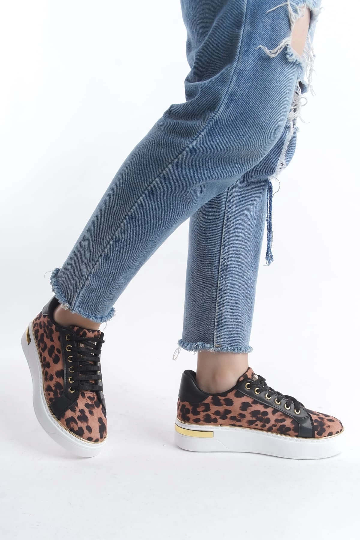 MINA Bağcıklı Ortopedik Taban Leopar Desenli Kadın Sneaker Spor Ayakkabı  BT - Kahverengi