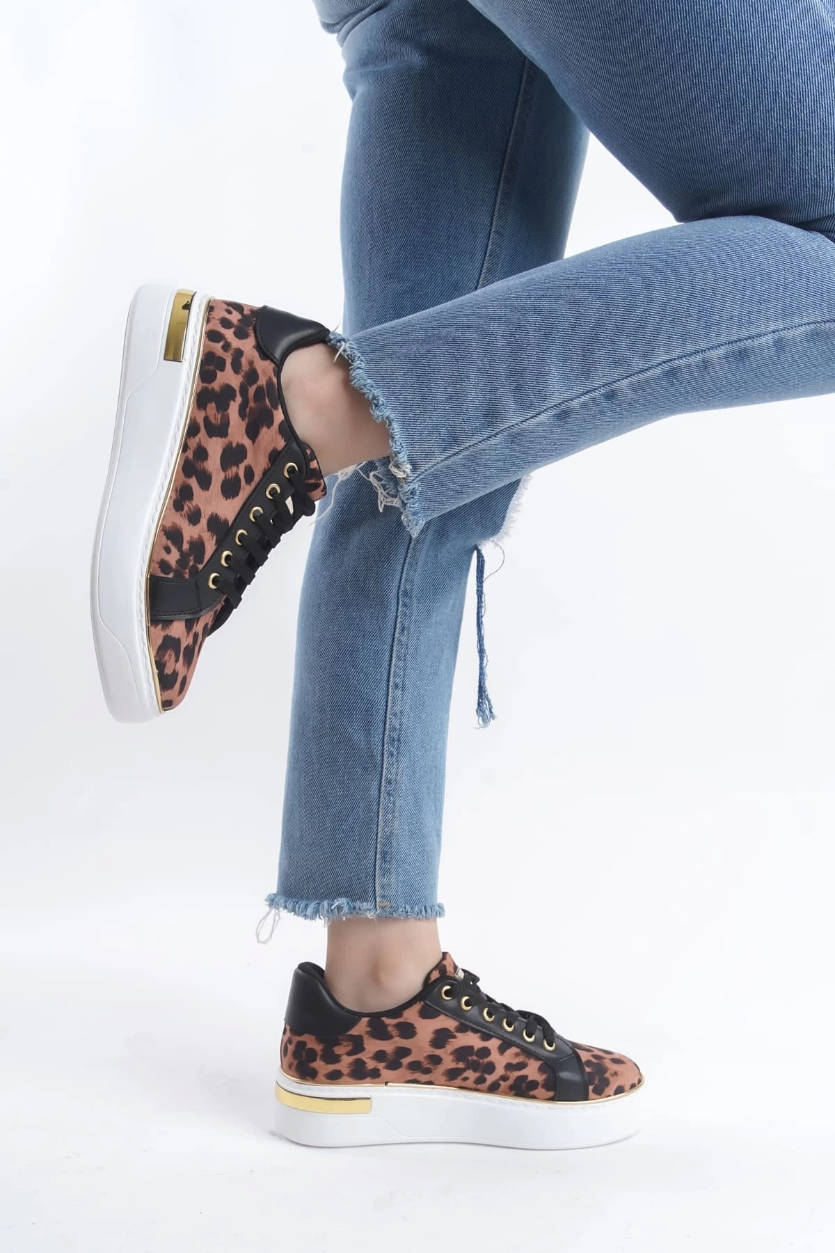 MINA Bağcıklı Ortopedik Taban Leopar Desenli Kadın Sneaker Spor Ayakkabı  BT - Kahverengi