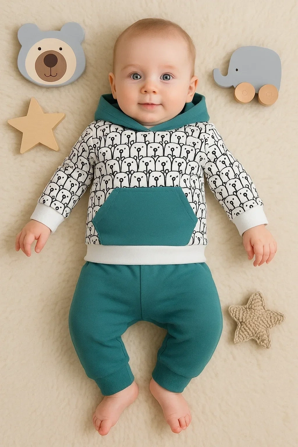 Minik Ayıcıklar Desenli 2li % 100 Pamuk Erkek Bebek Takımı