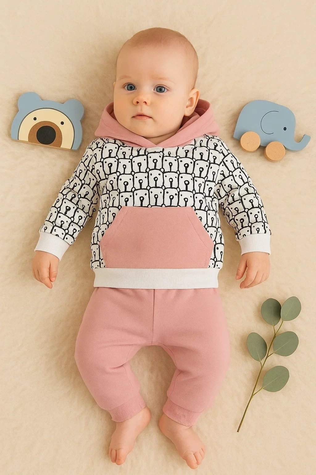 Minik Ayıcıklar Desenli 2li % 100 Pamuk Kız Bebek Takımı