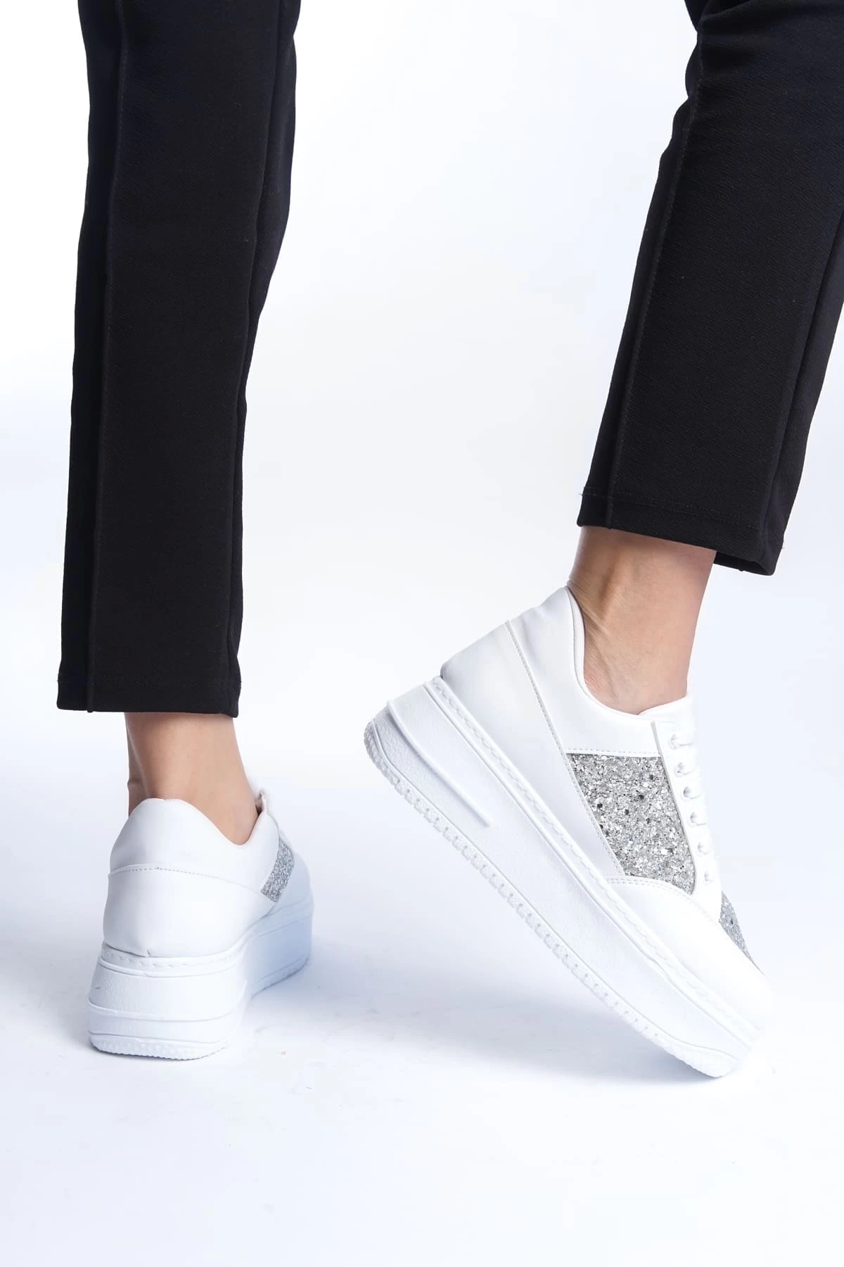 MIPA Bağcıklı Ortopedik Taban Simli Kadın Sneaker Spor Ayakkabı  BT - Beyaz