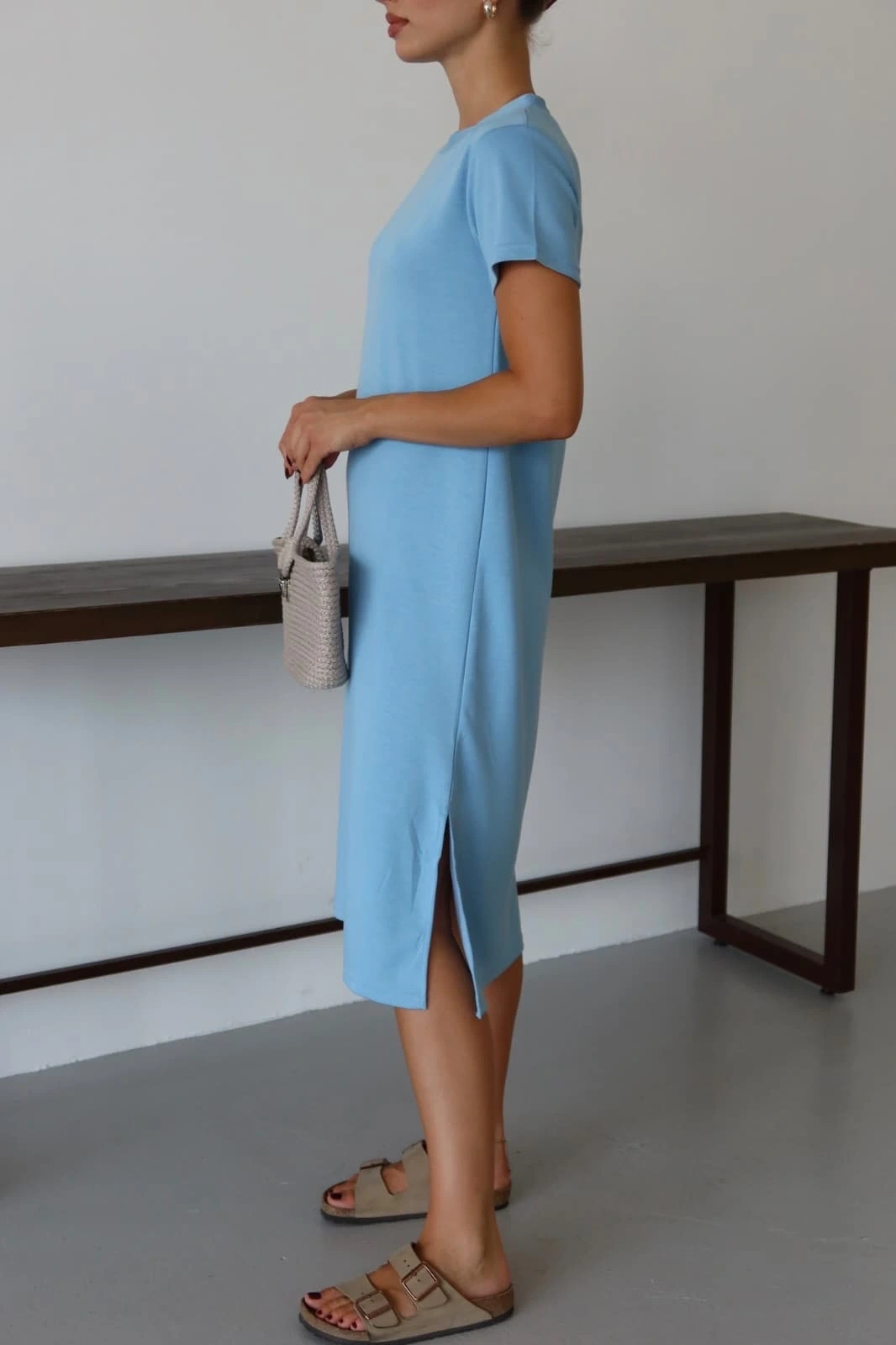 Modal yırtmaçlı elbise mavi pt