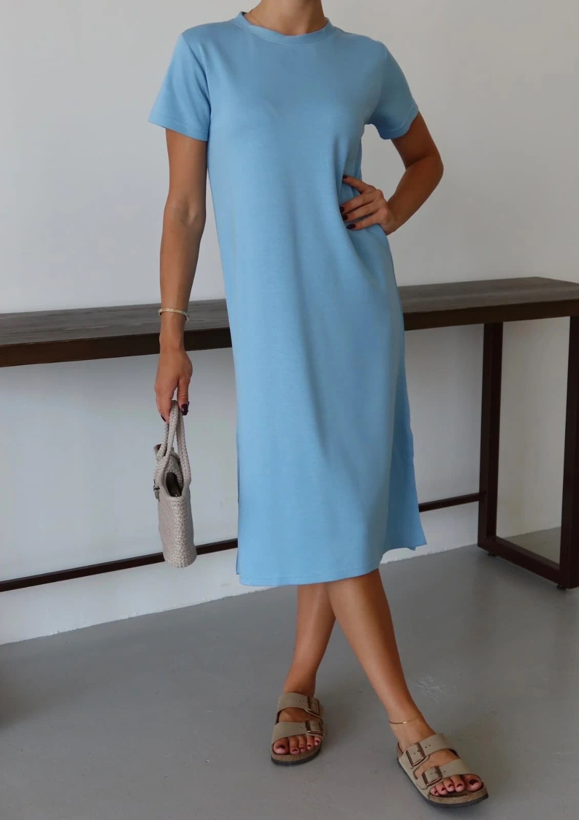 Modal yırtmaçlı elbise mavi pt