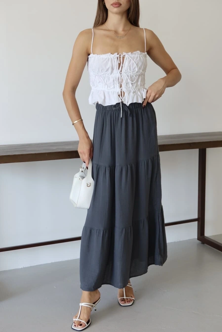 Müslin kumaş keten uzun etek antrasit pt