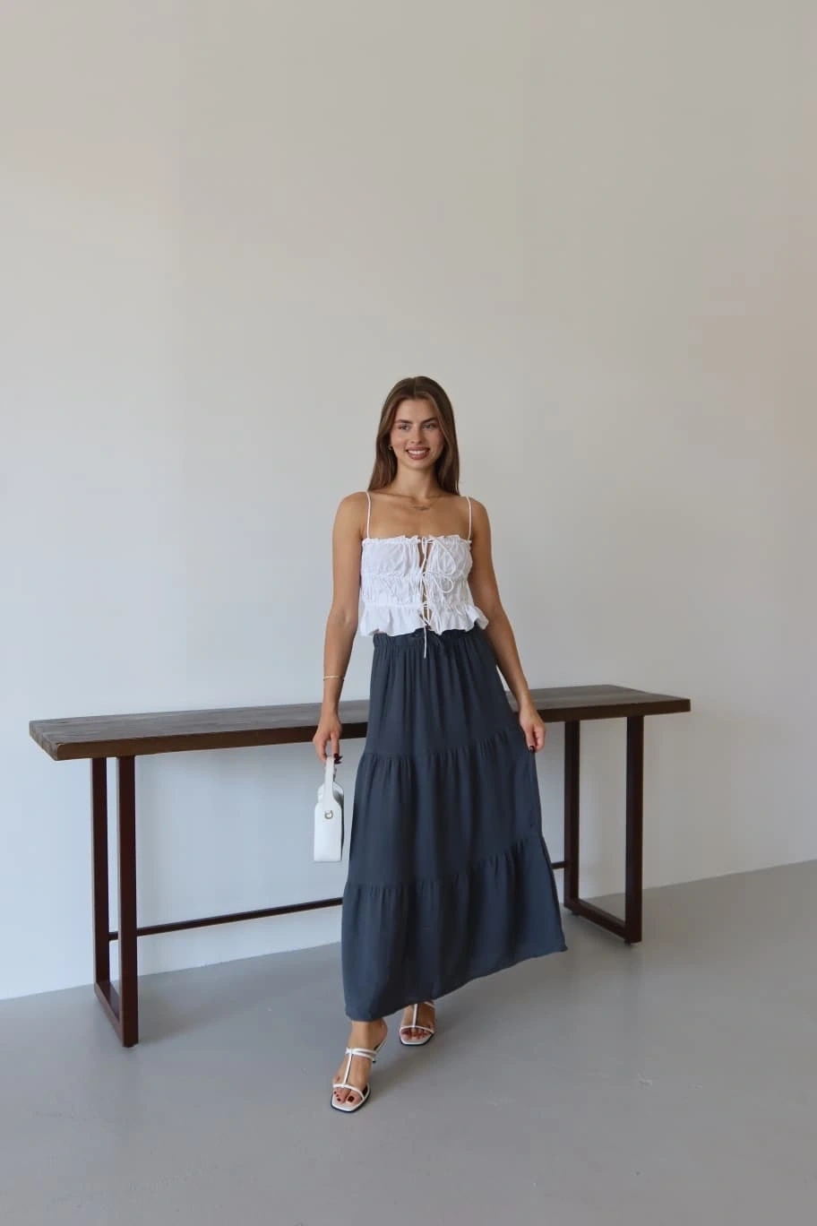 Müslin kumaş keten uzun etek antrasit pt