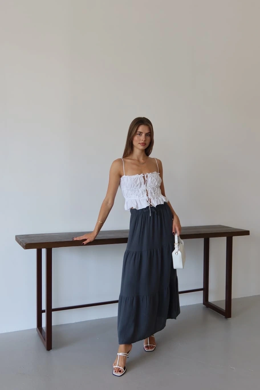 Müslin kumaş keten uzun etek antrasit pt