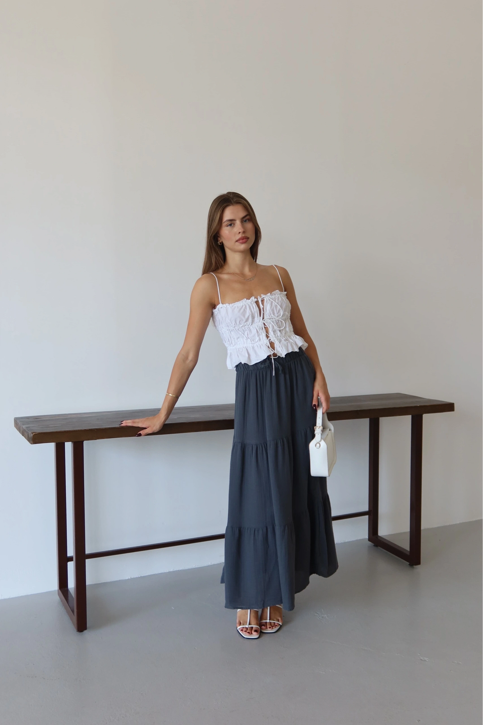 Müslin kumaş keten uzun etek antrasit pt