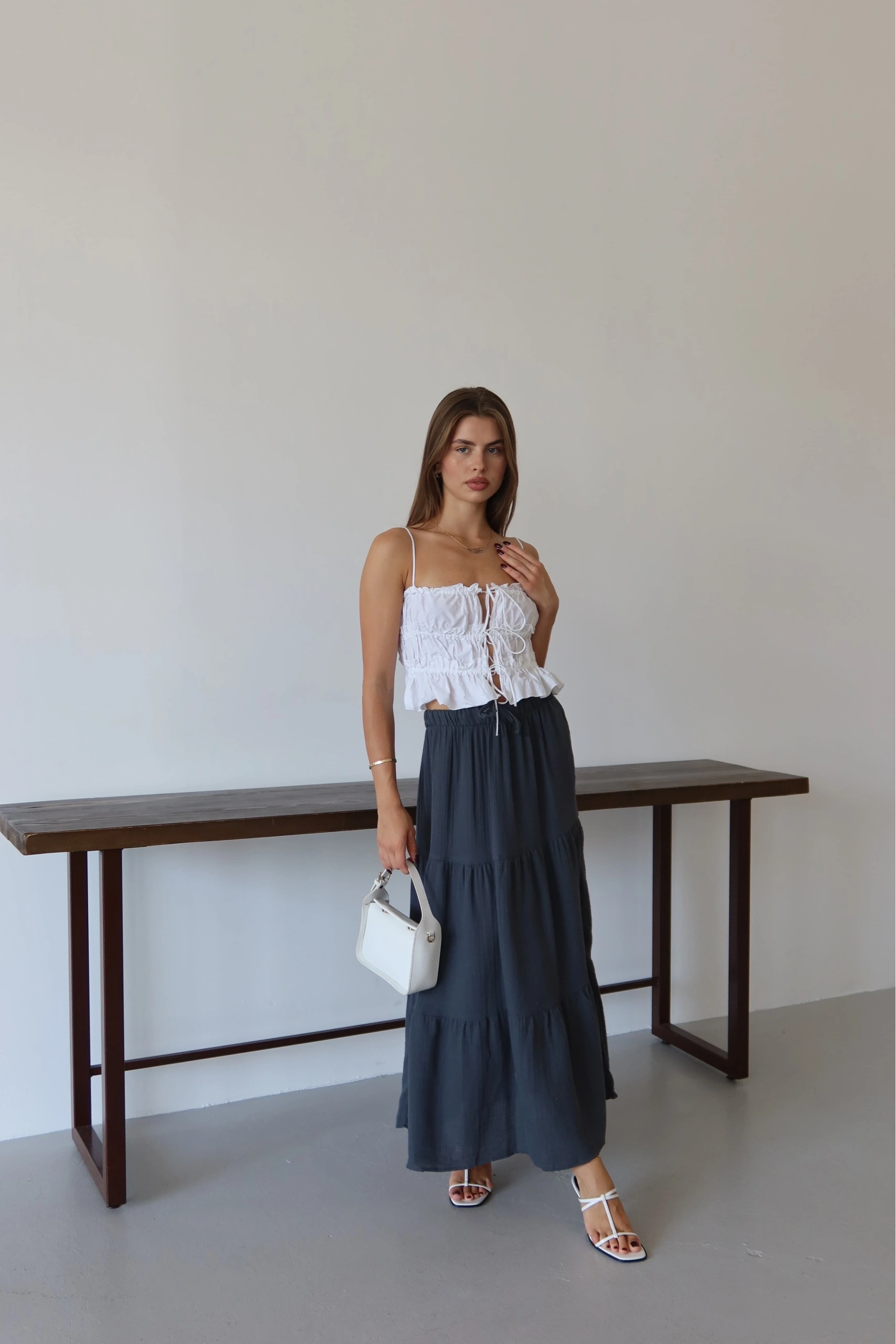 Müslin kumaş keten uzun etek antrasit pt