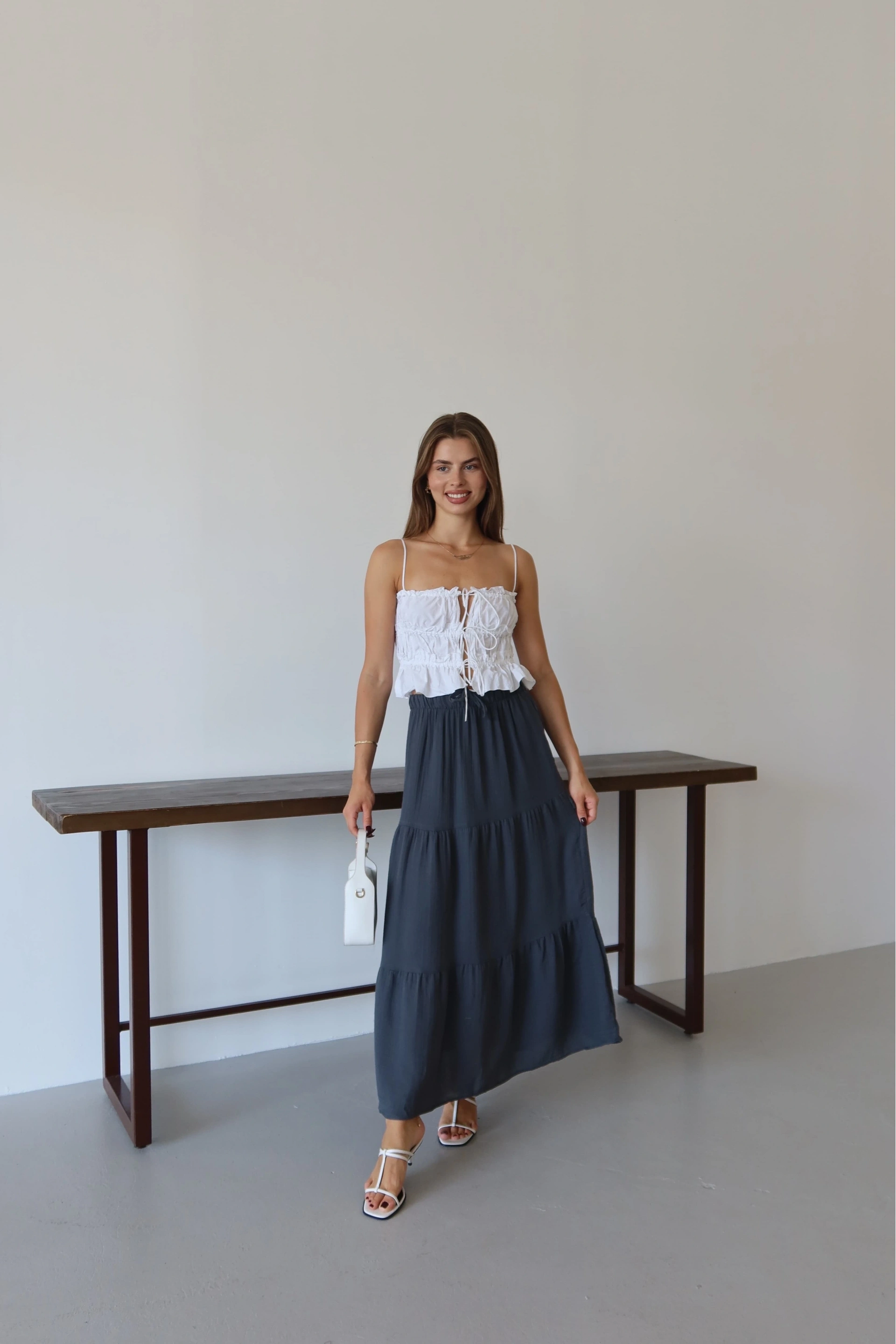 Müslin kumaş keten uzun etek antrasit pt