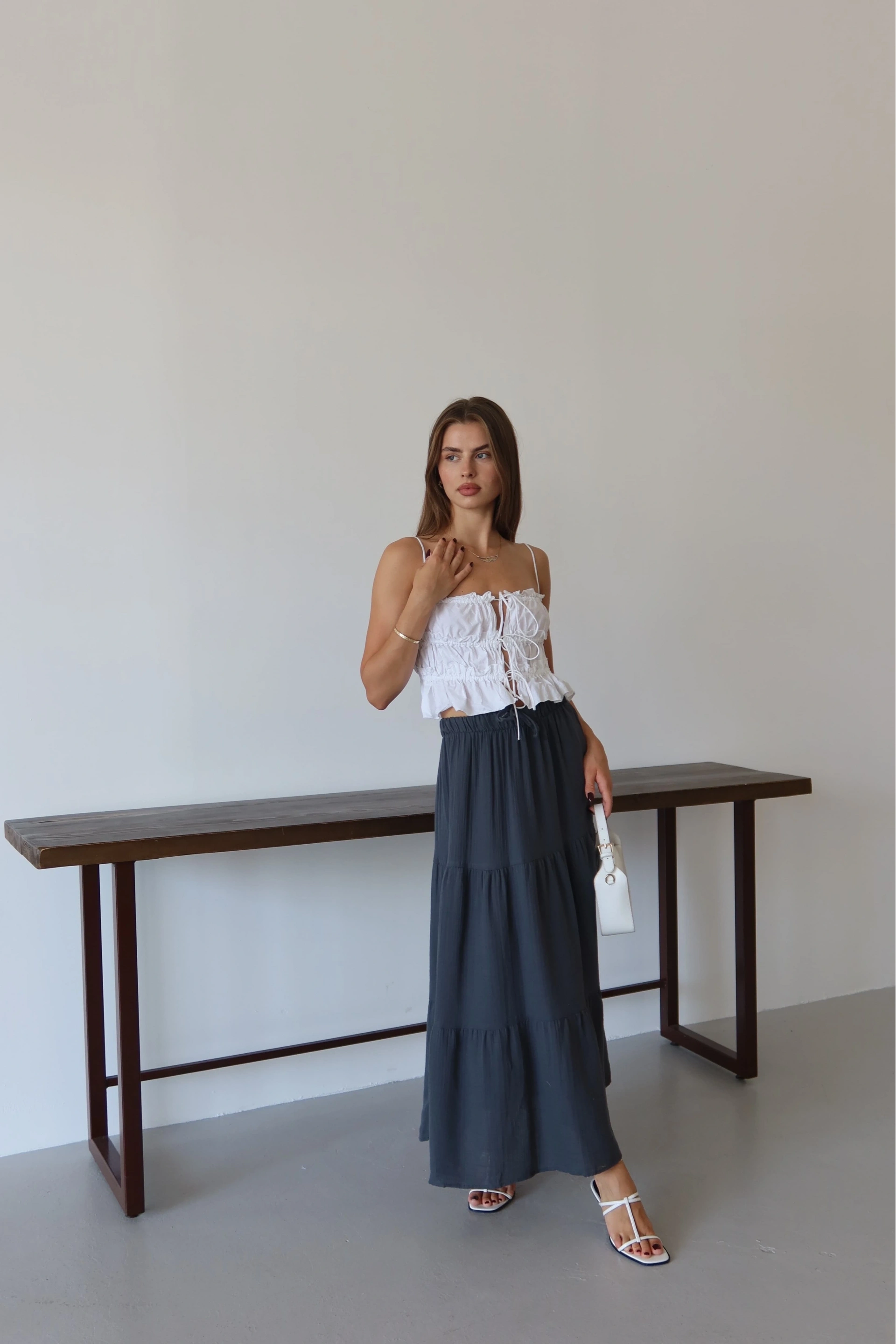 Müslin kumaş keten uzun etek antrasit pt