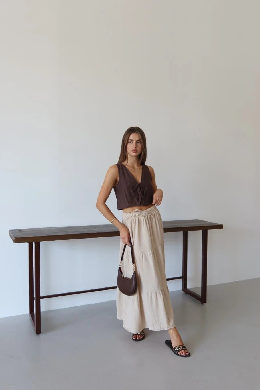 Müslin kumaş keten uzun etek bej pt