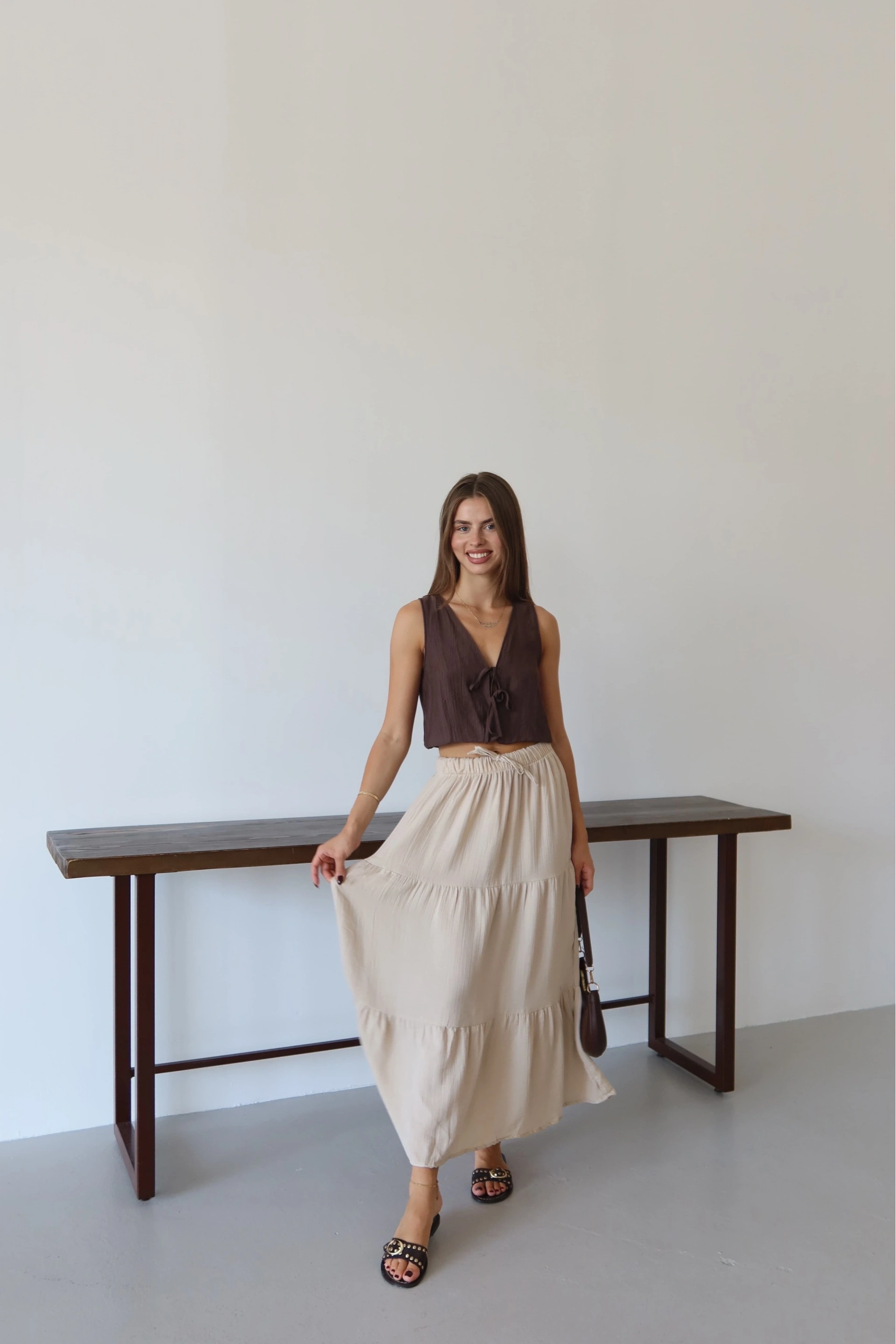 Müslin kumaş keten uzun etek bej pt