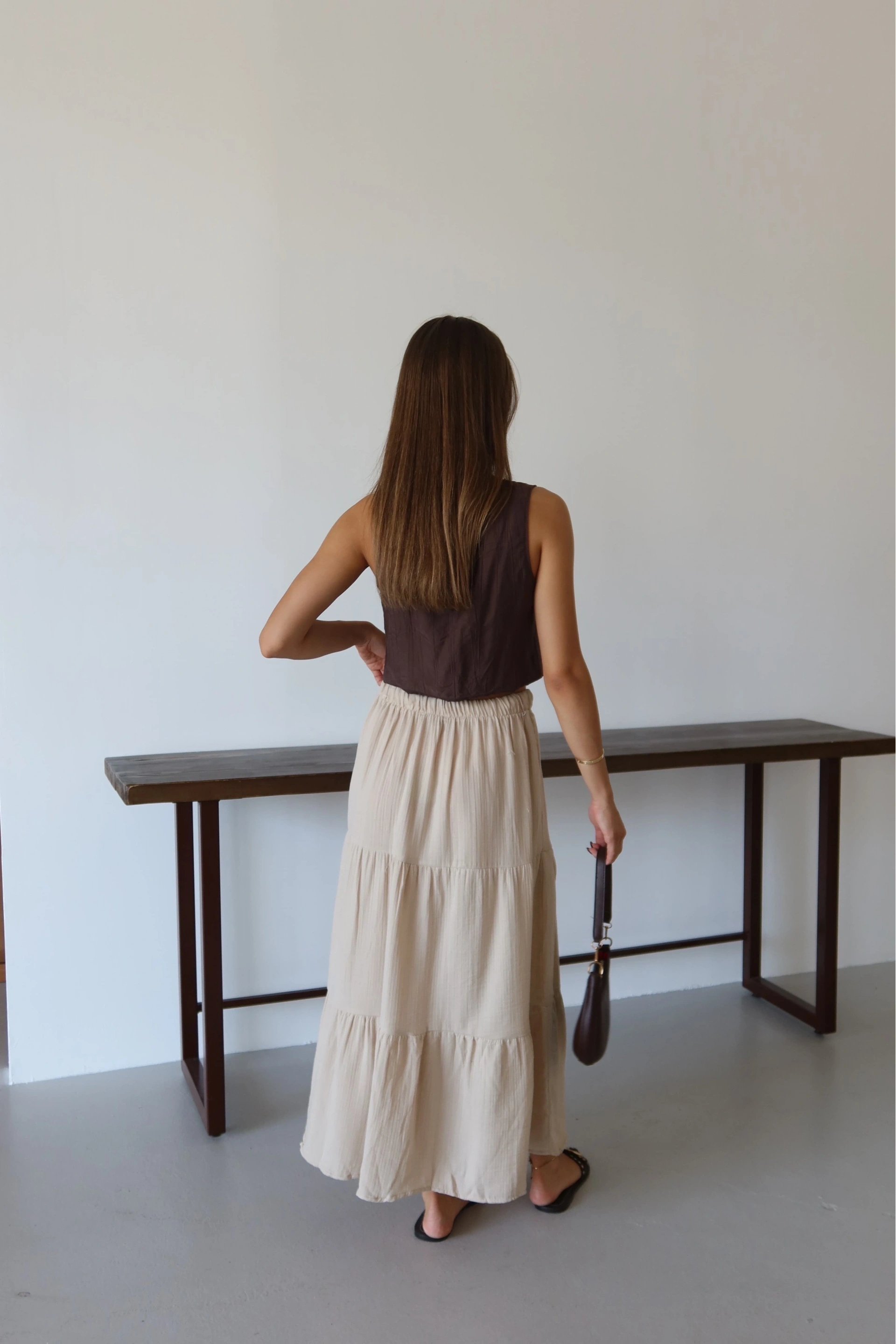 Müslin kumaş keten uzun etek bej pt