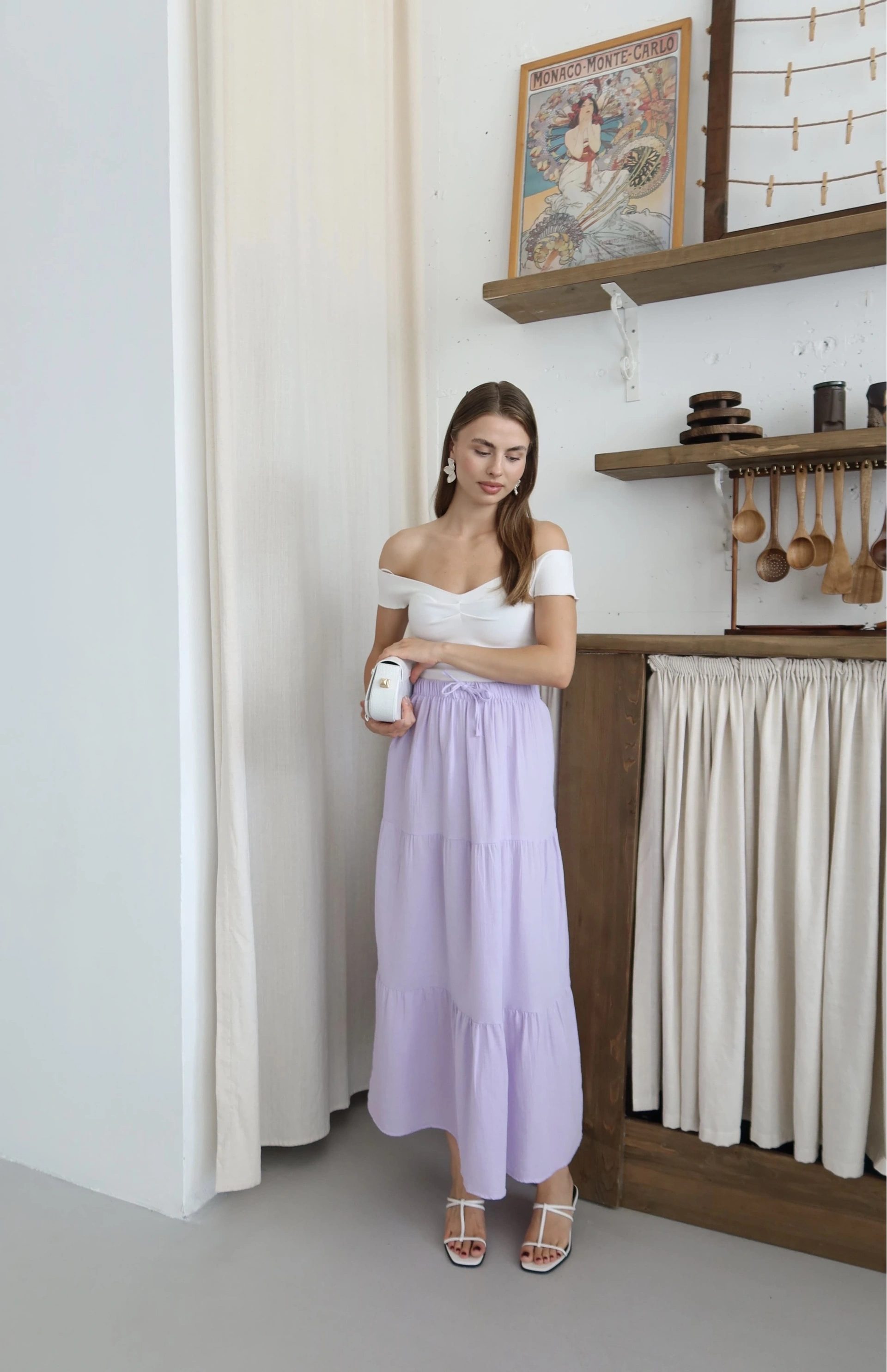 Müslin kumaş keten uzun etek lila pt