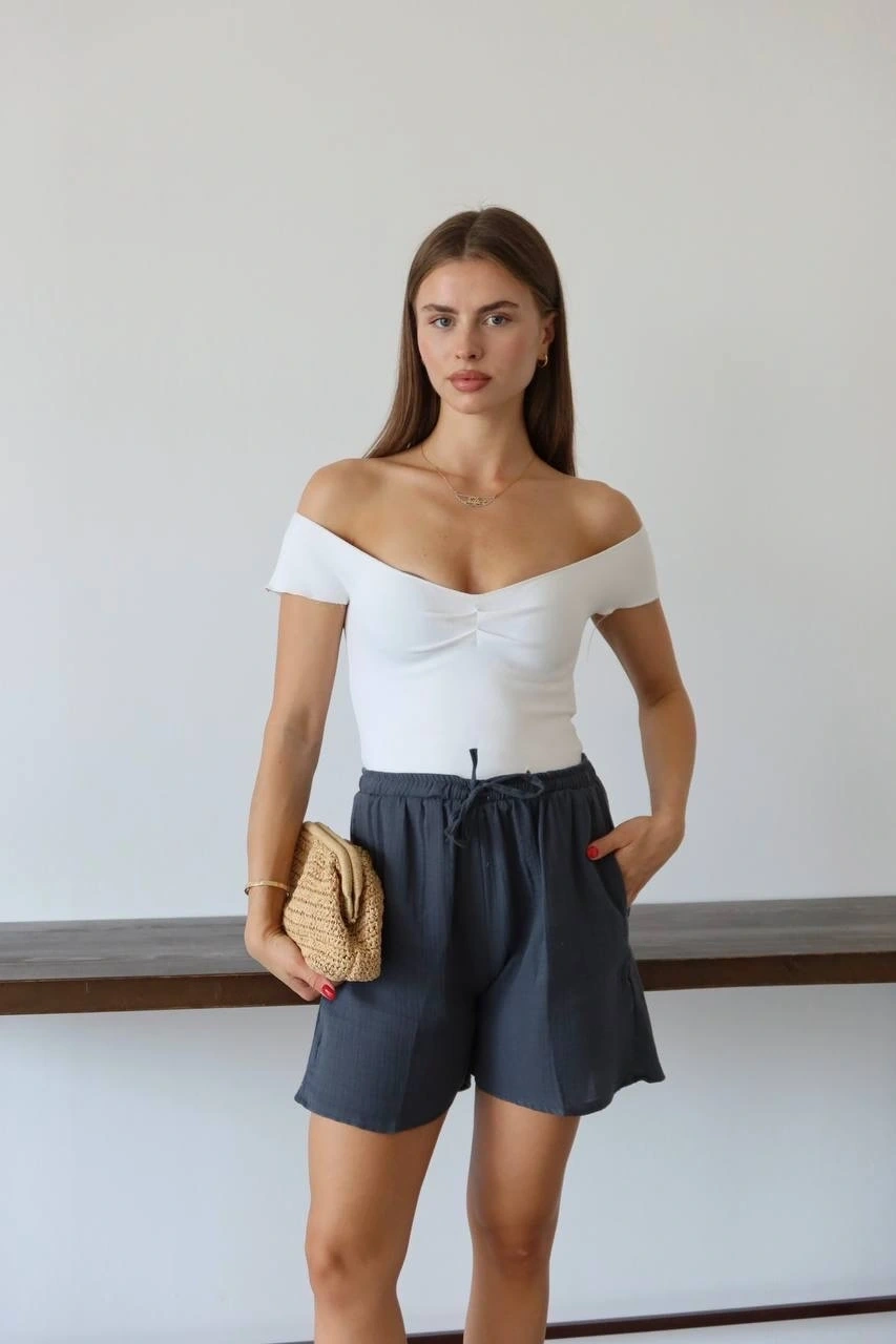 Müslin kumaş şort bağcıklı antrasit pt