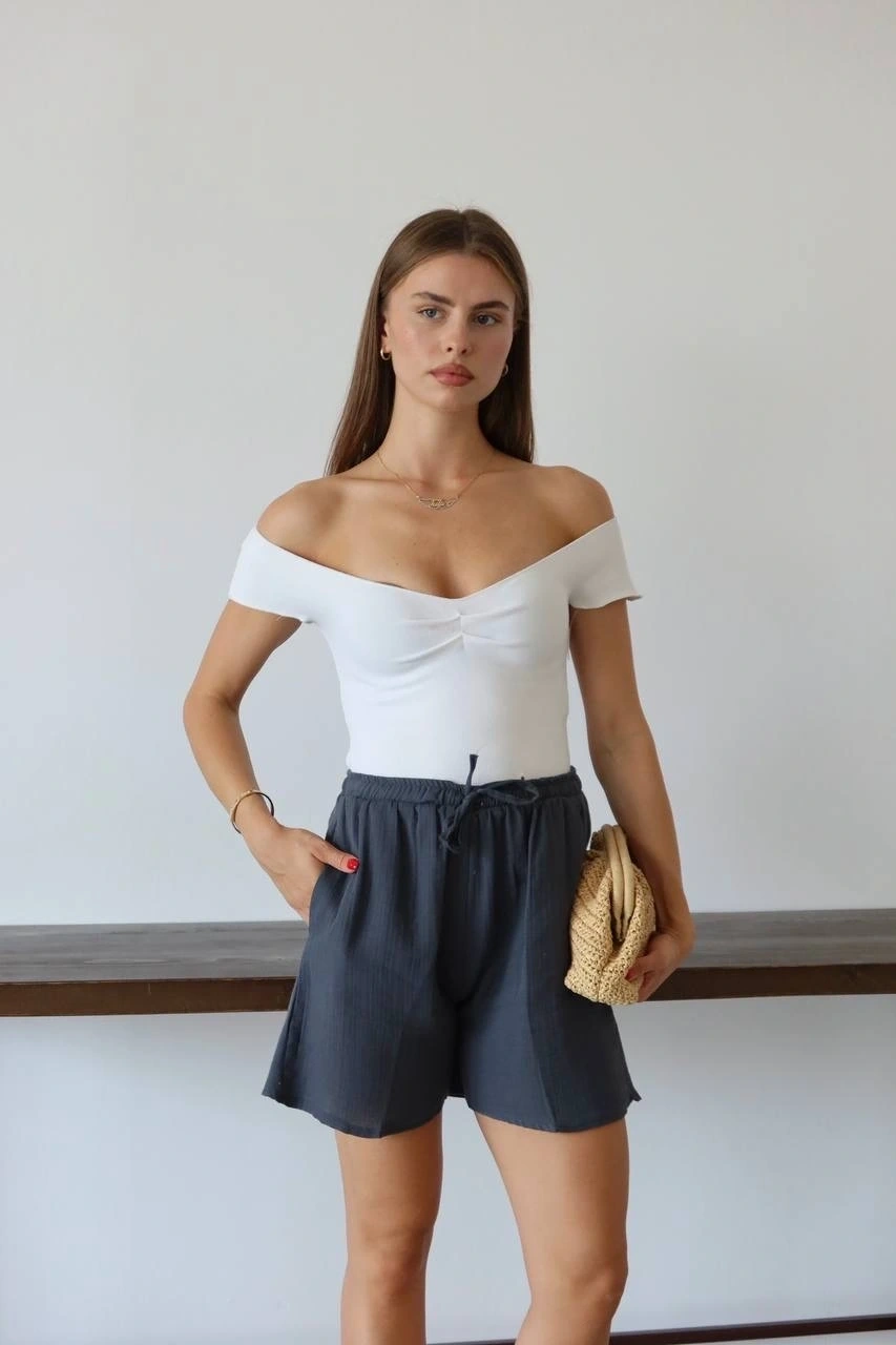 Müslin kumaş şort bağcıklı antrasit pt