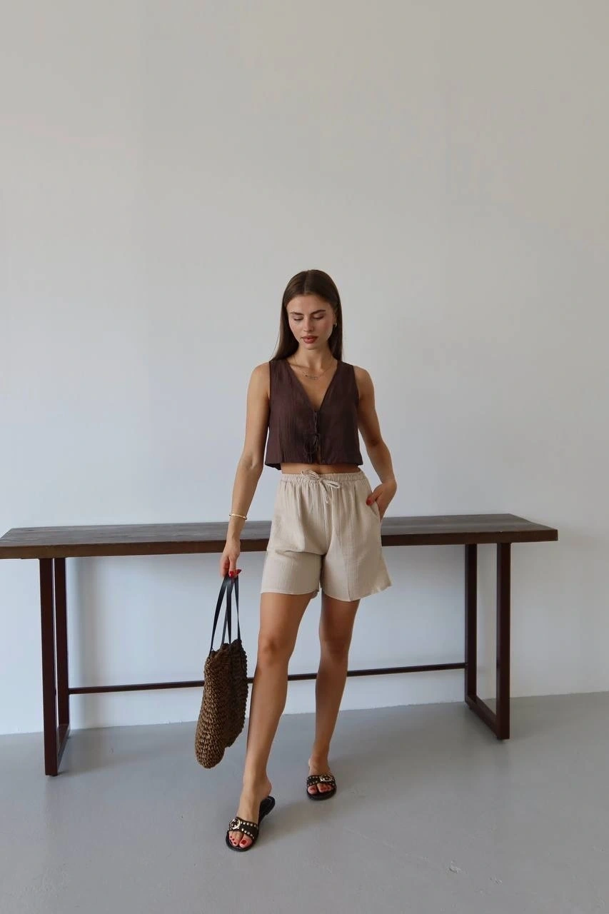 Müslin kumaş şort bağcıklı bej pt