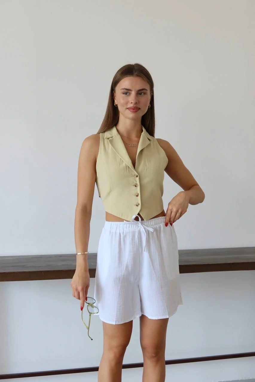 Müslin kumaş şort bağcıklı beyaz pt