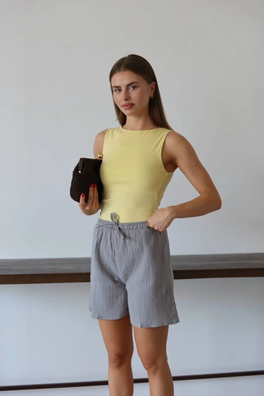 Müslin kumaş şort bağcıklı gri pt