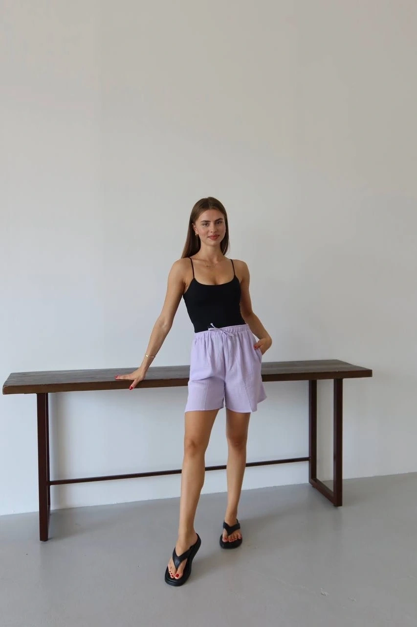 Müslin kumaş şort bağcıklı lila pt