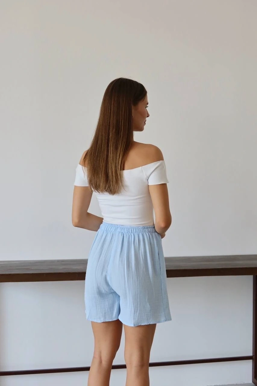 Müslin kumaş şort bağcıklı mavi pt