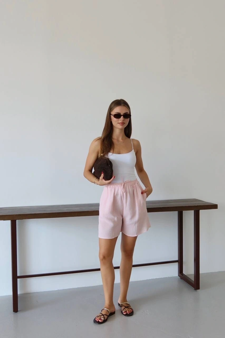 Müslin kumaş şort bağcıklı pembe pt