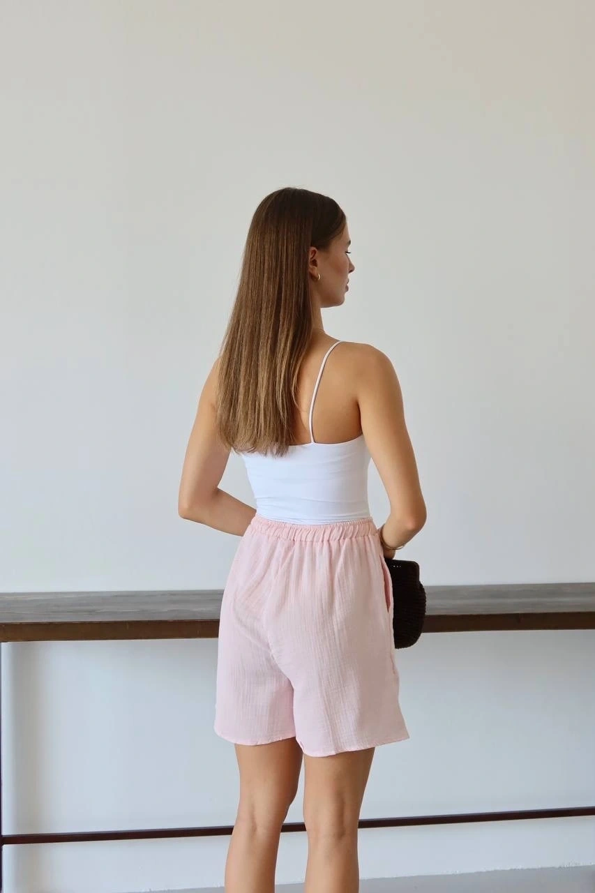 Müslin kumaş şort bağcıklı pembe pt