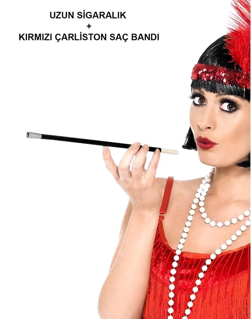 Nessiworld 1920&#39;ler 1990&#39;lar Gatsby Kadın Aksesuar Seti – Kırmızı Charleston Saç Bandı ve Sigaralık