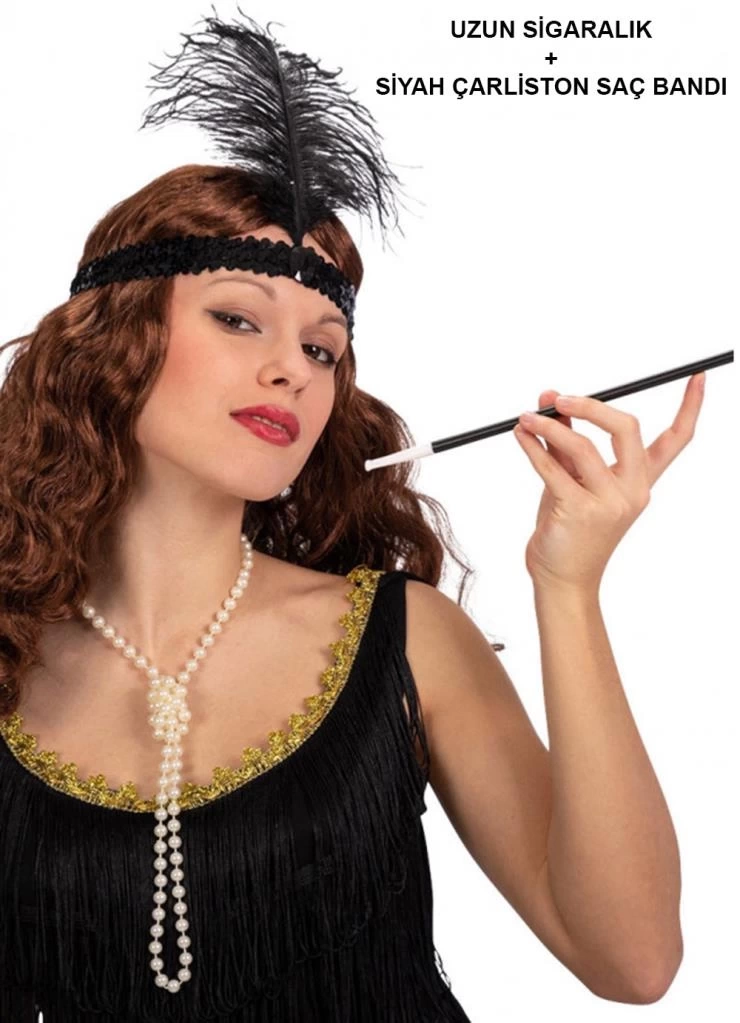 Nessiworld 1920&#39;ler Gatsby Aksesuar Seti – Siyah Charleston Saç Bandı & Sigaralık