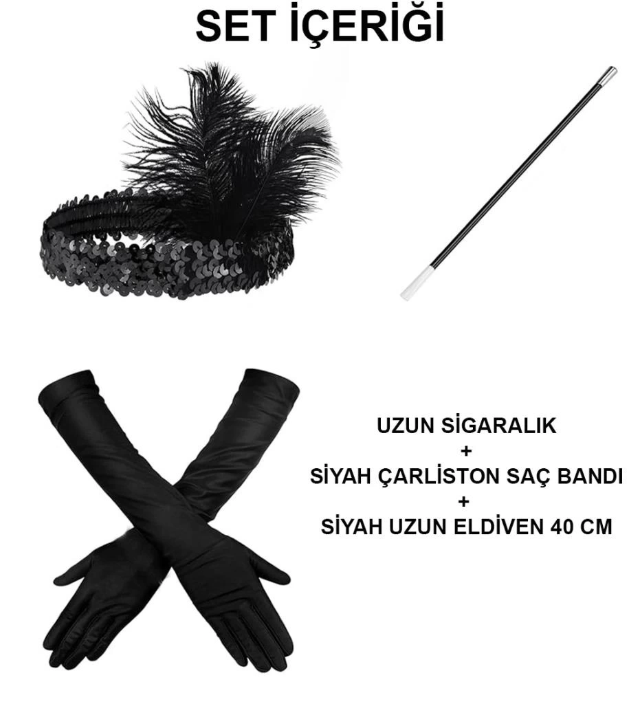 Nessiworld 1920&#39;ler Gatsby Aksesuar Seti – Siyah Charleston Saç Bandı, Uzun Eldiven & Sigaralık
