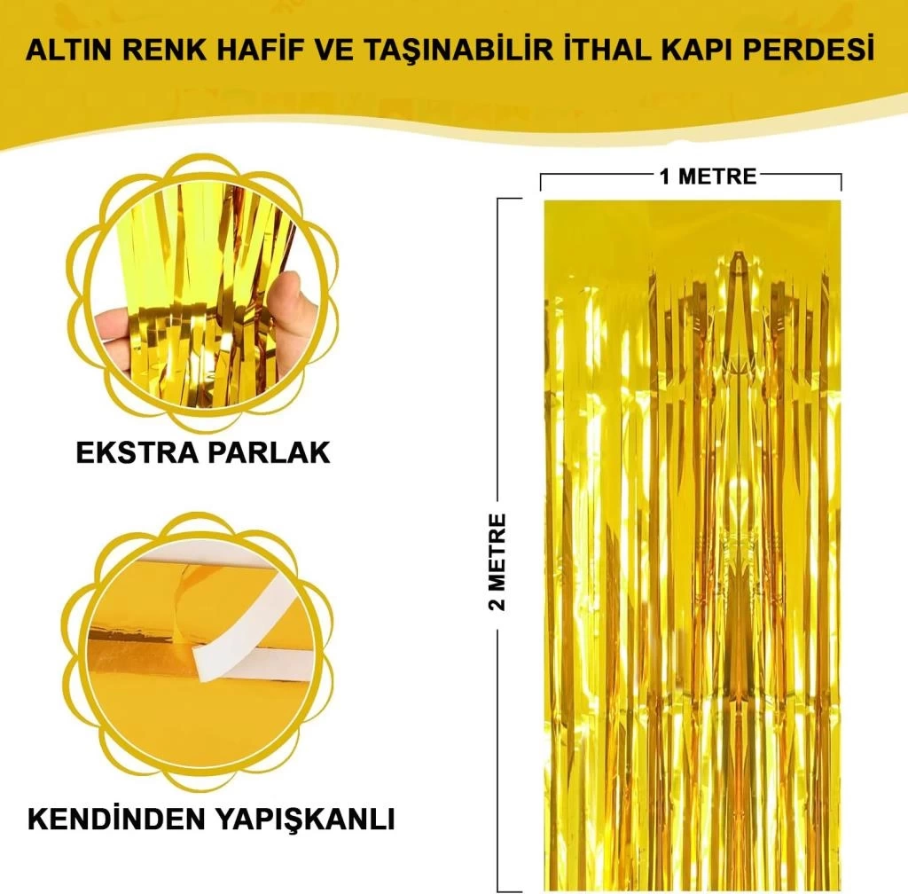 Nessiworld   Altın Gold Renk Ekstra Metalize Parlak Saçaklı Arka Fon Perde İthal A Kalite 1x2 Metre