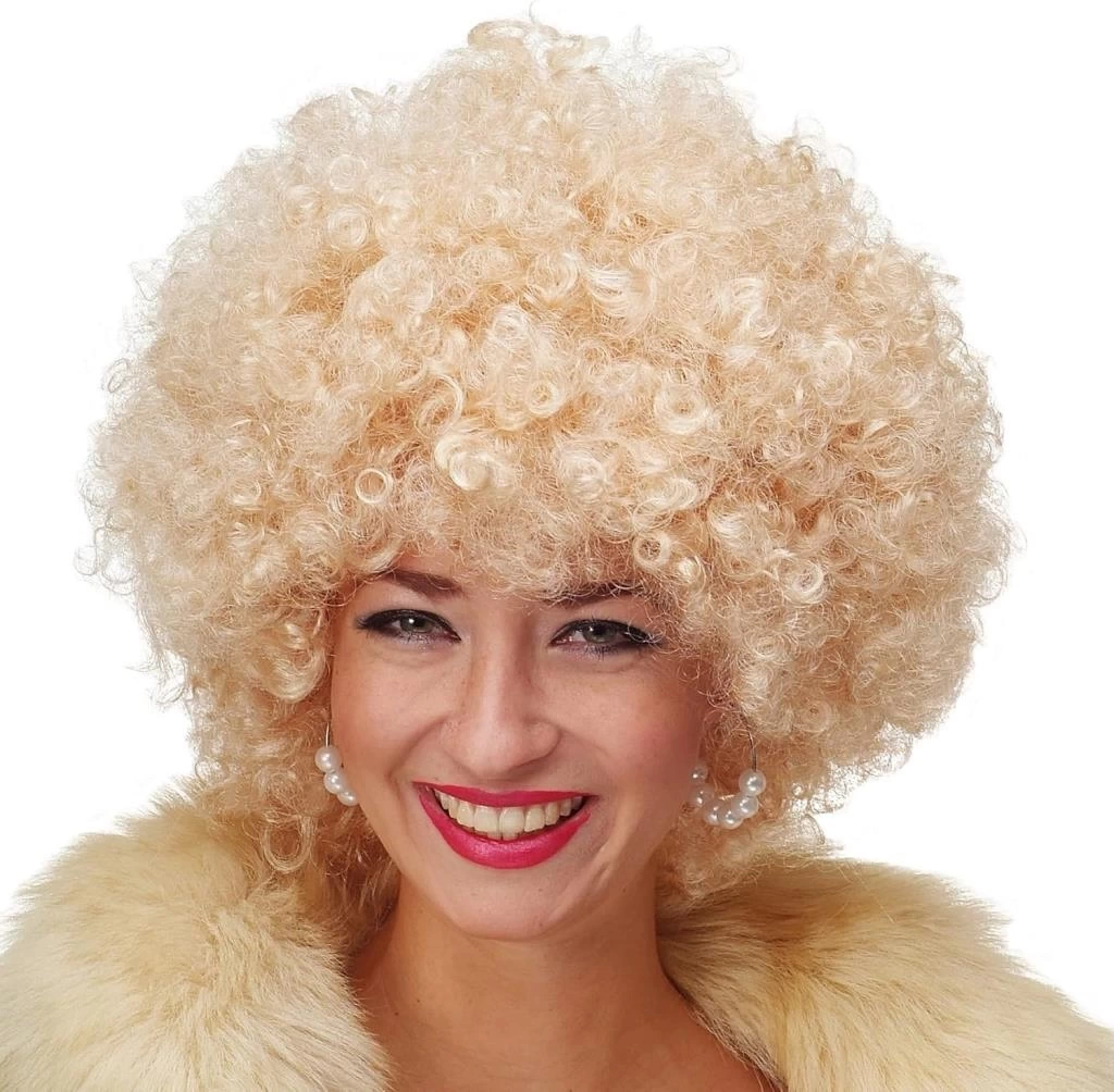 Nessiworld Altın Renk Kıvırcık Afro Bonus Peruk Saç Parti Peruğu Platin Gold
