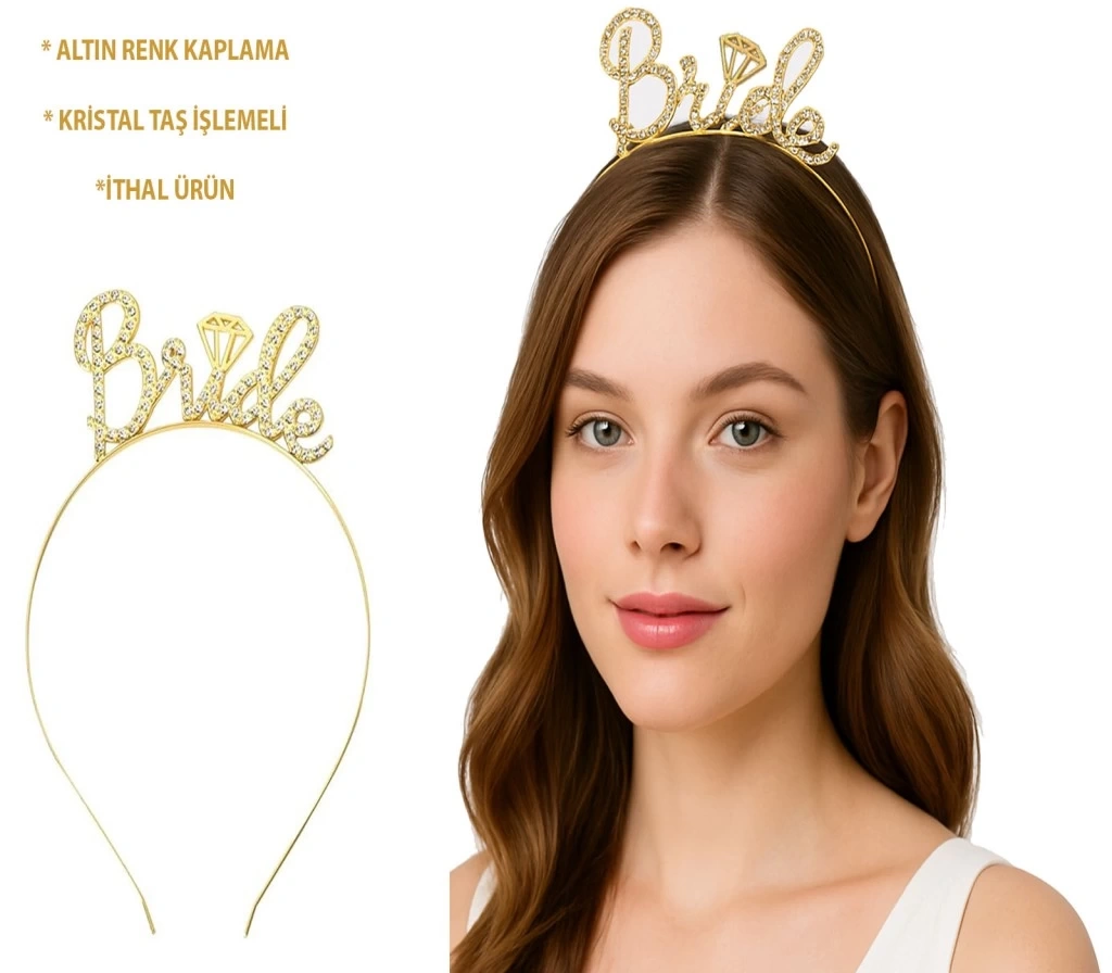 Nessiworld Altın Renkli Taşlı “Bride” Gelin Tacı – El Yazısı Yazı Tipiyle