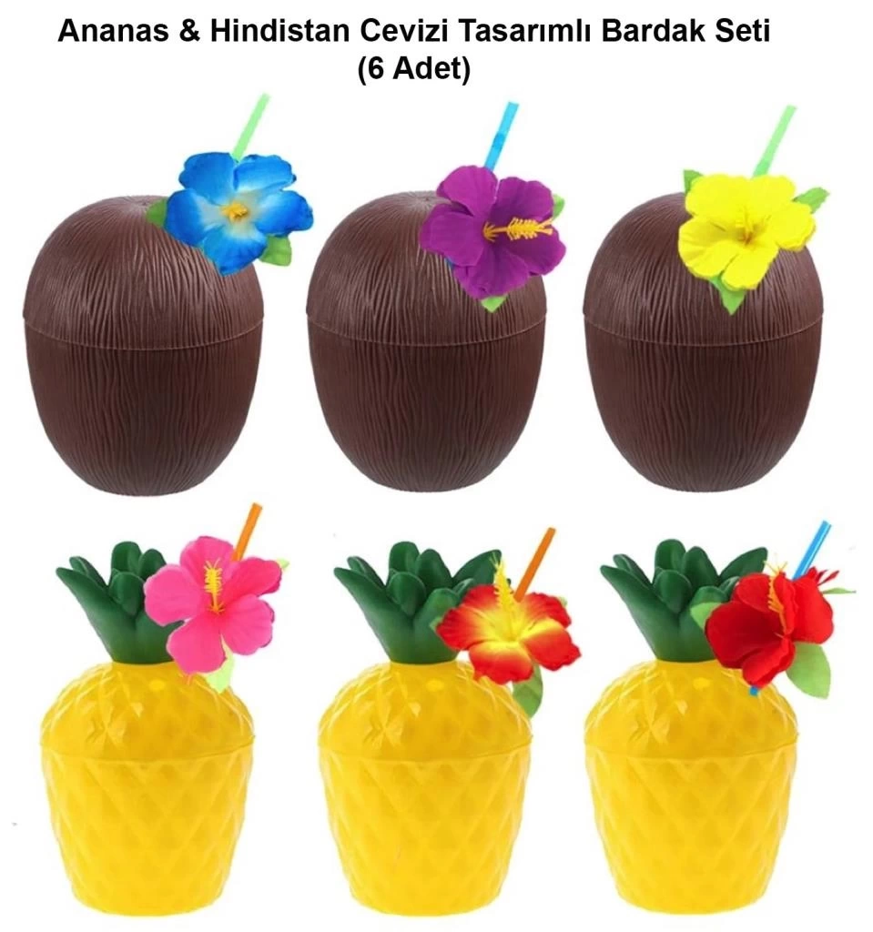 Nessiworld Ananas & Hindistan Cevizi Tasarımlı Pipetli Bardak Seti (6 Adet)