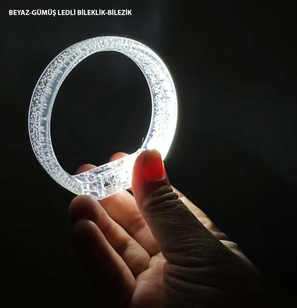 Nessiworld Beyaz-Gümüş Led Işıklı Baskı Yapılabilen Pilli Bileklik Bilezik 1,5 cm Genişlik
