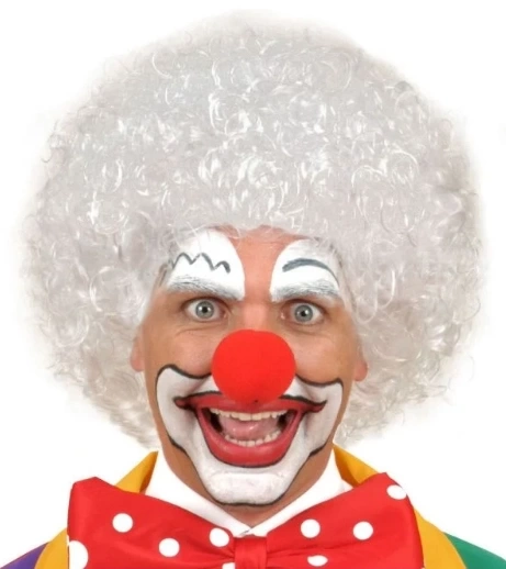 NessiWorld Beyaz Renk Kıvırcık Afro Bonus Peruk Saç ve Kırmızı Sünger Burun Seti